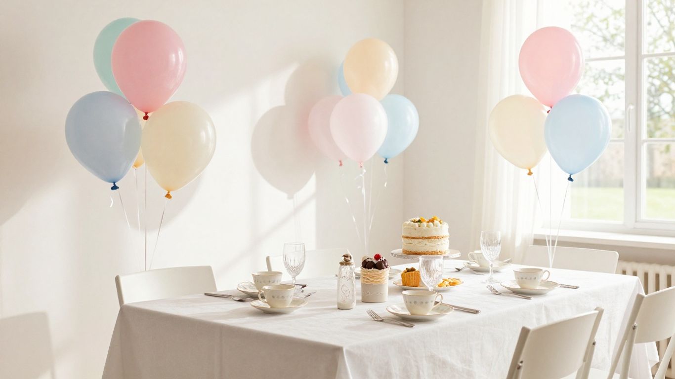 Elegant baby shower venue with balloons, cake, and teacups.