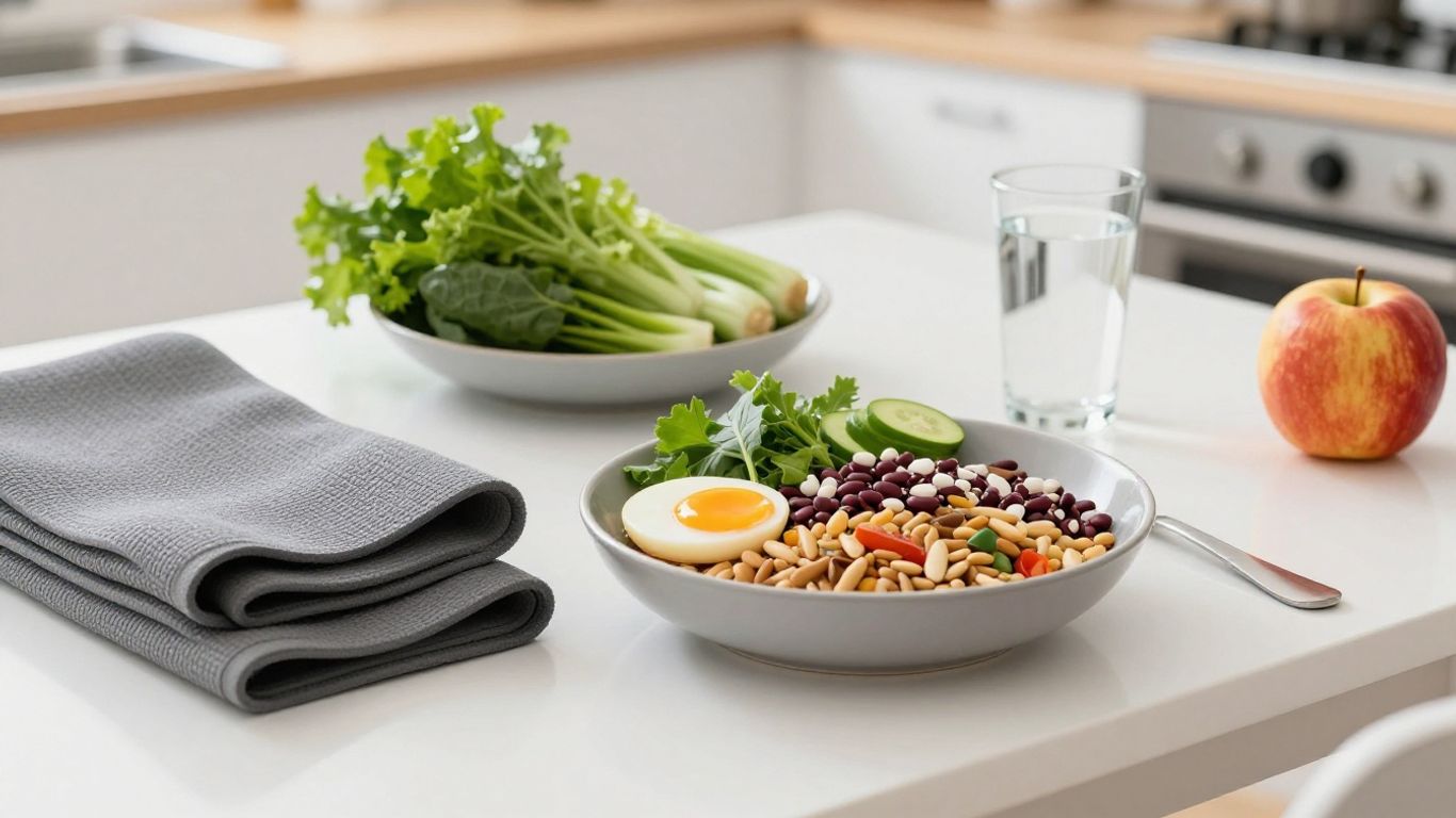 Comida saludable junto a ropa de ejercicio prenatal