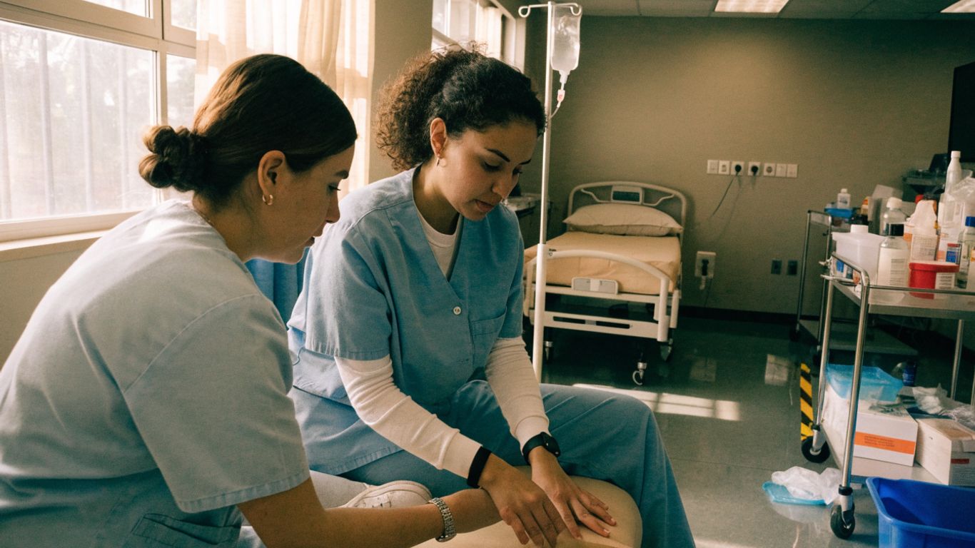 CNA trainee practicing a skill with an instructor