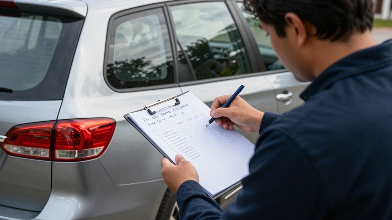 Subaru owner checking vehicle details beside a car