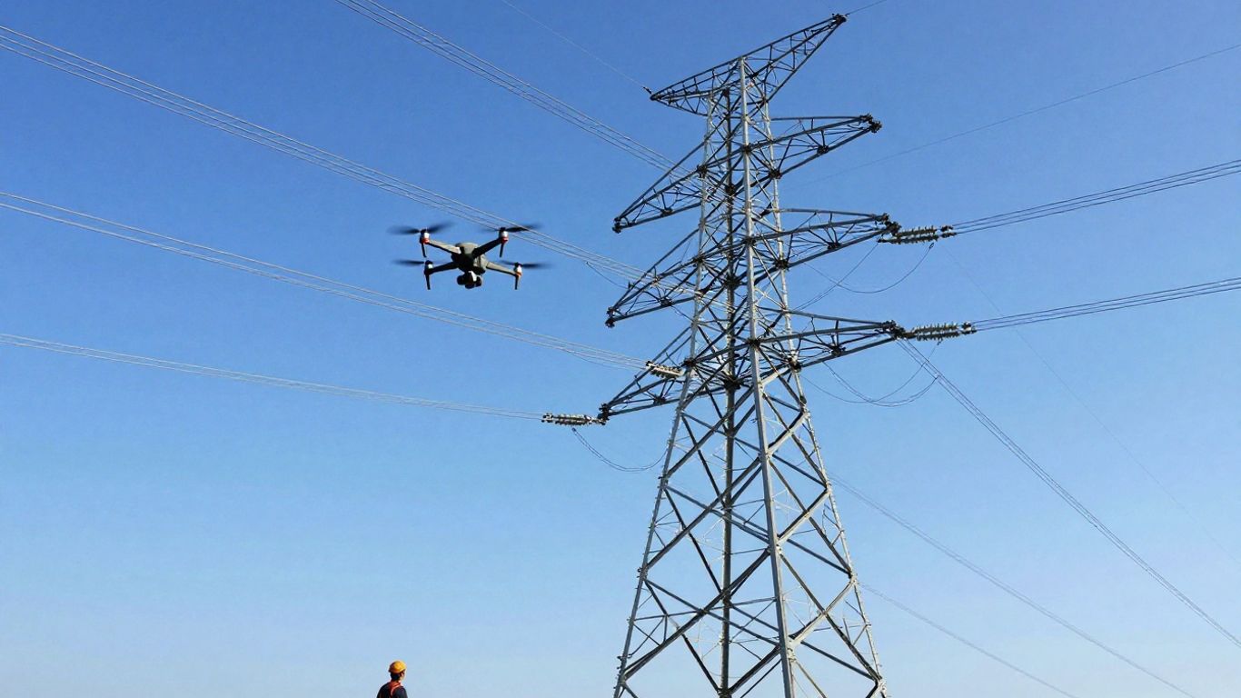 Drone inspecting power lines from the sky.