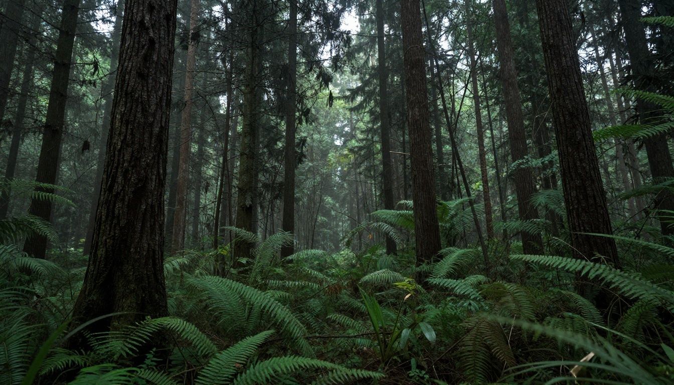 Cena sombria e misteriosa de uma floresta densa e neblinosa no estilo de arte do jogo
