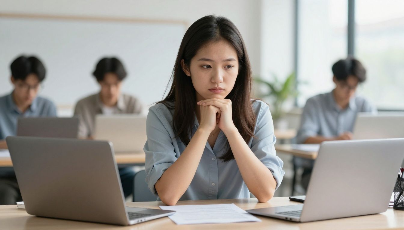 Pessoa refletindo sobre dificuldades de crescimento interno no ambiente de trabalho