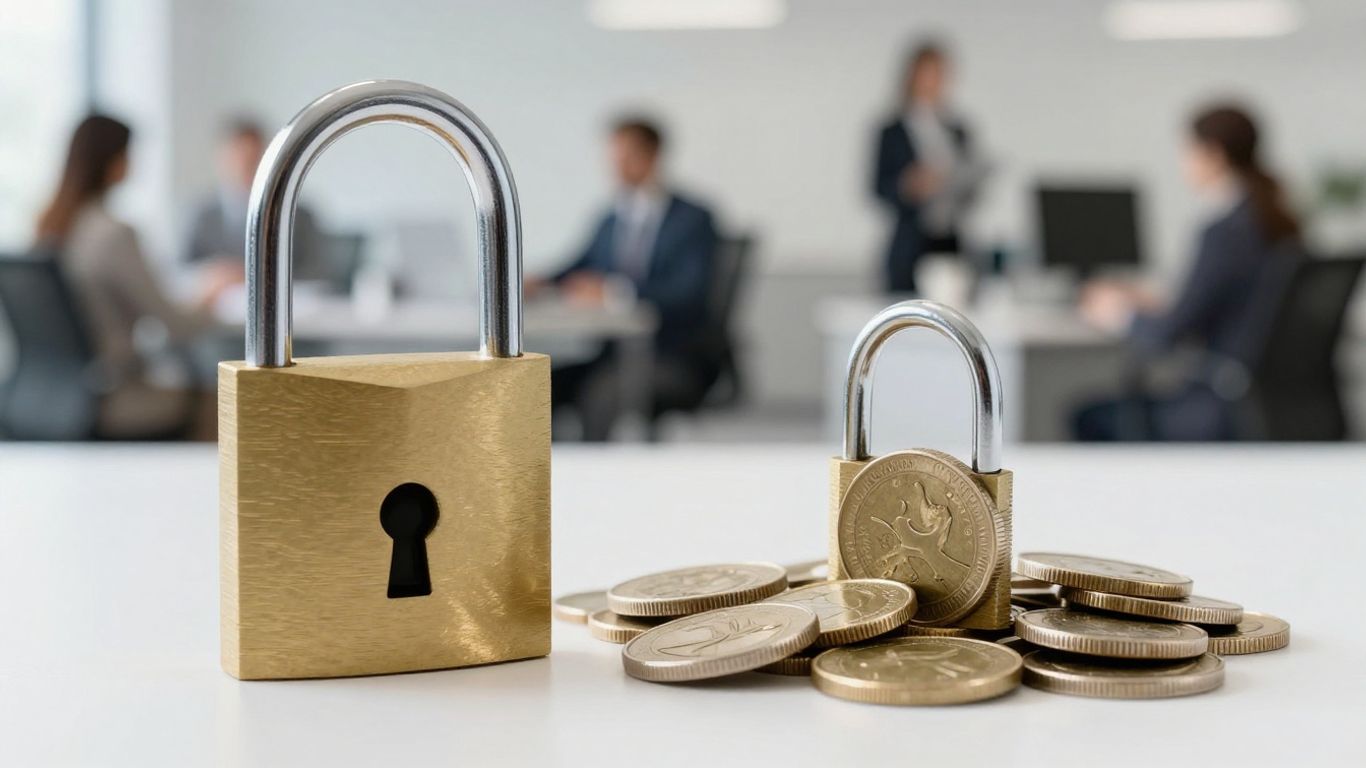 Cadeado aberto e fechado com moedas e pessoas em escritório.