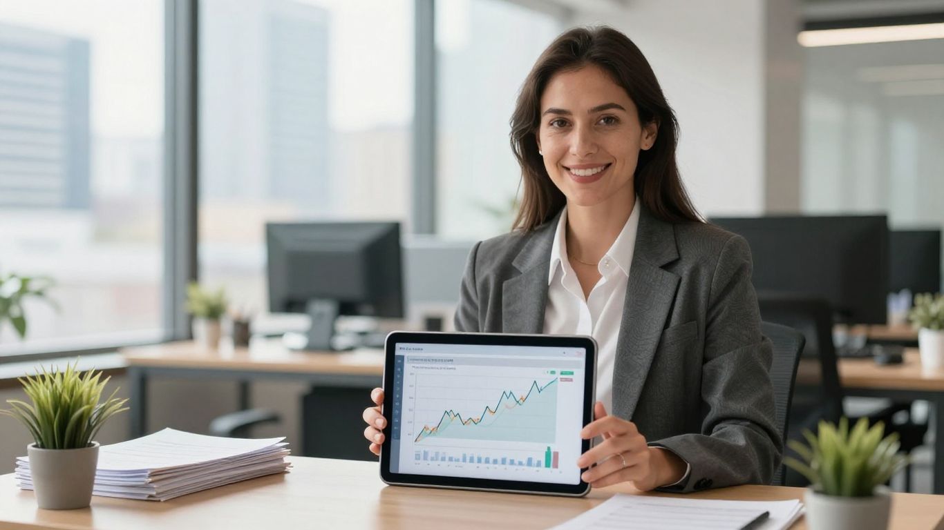 Woman in office with financial charts on tablet.