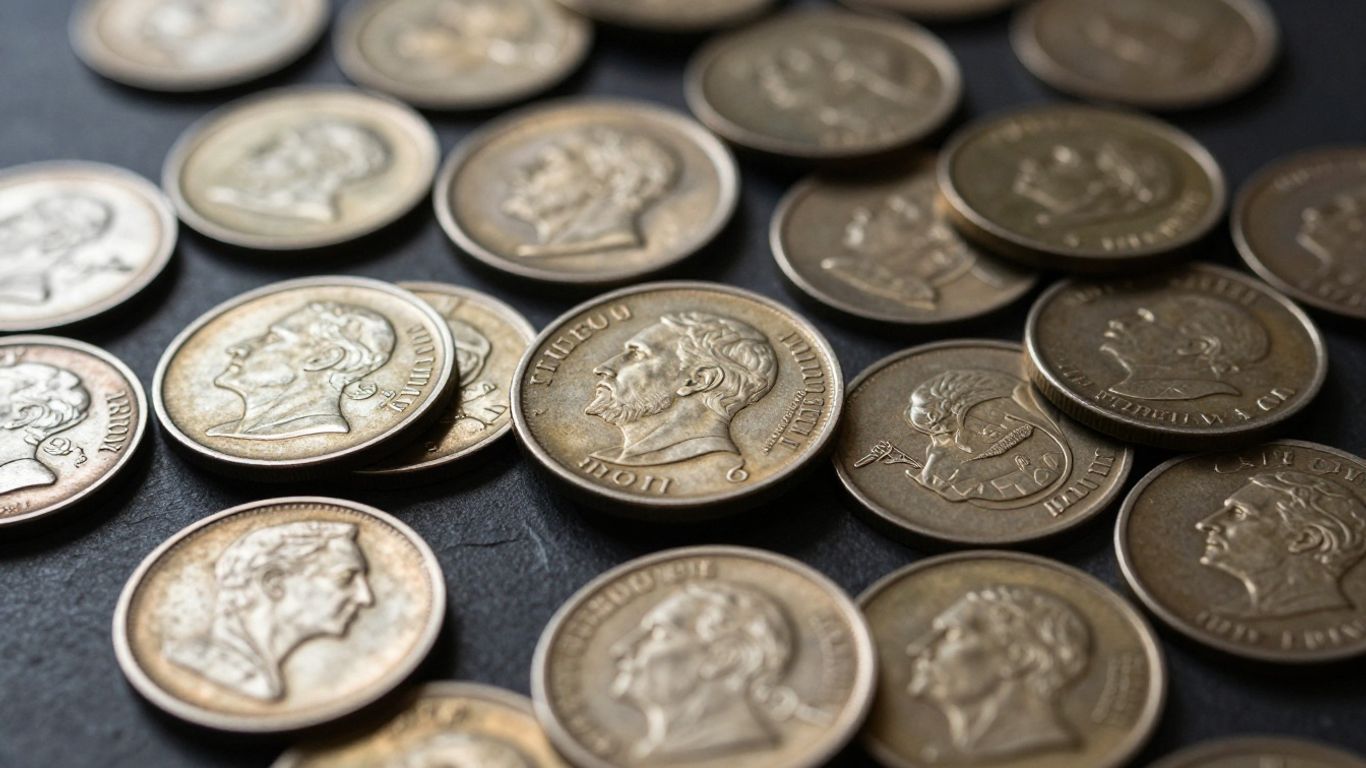 Close-up of old coins with visible details.