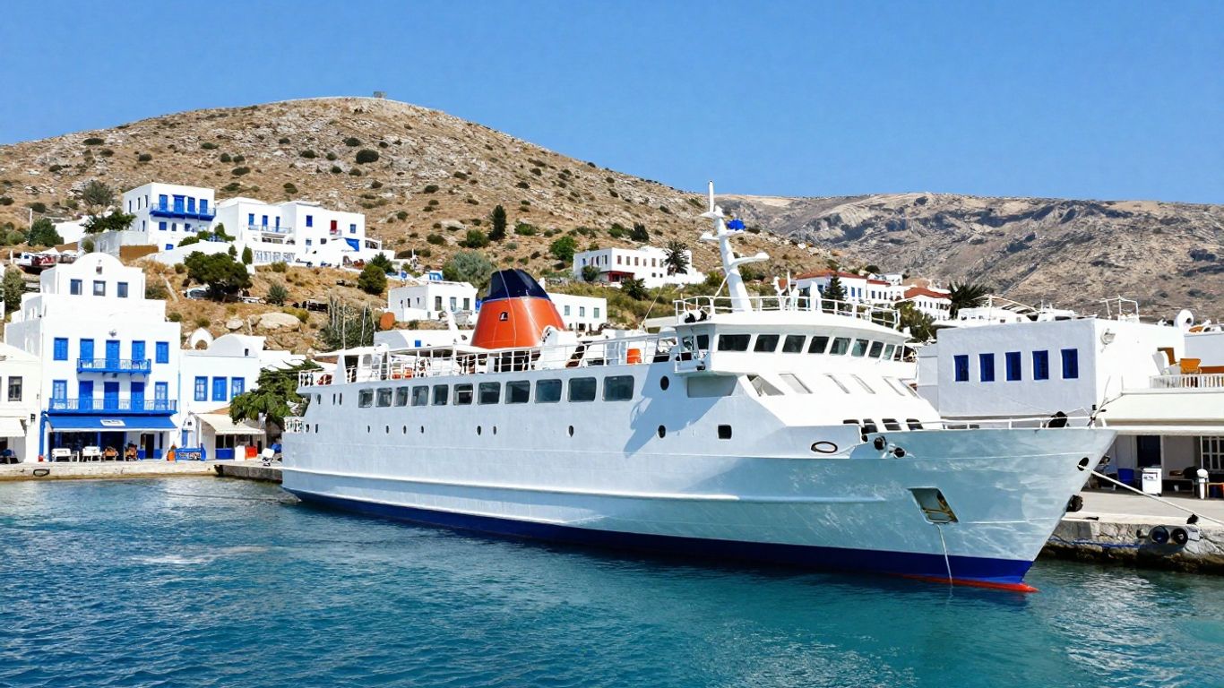 Ferry boat docked at a sunny Greek island port.