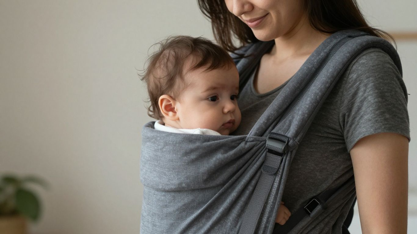 Parent wearing a baby carrier with a baby inside.