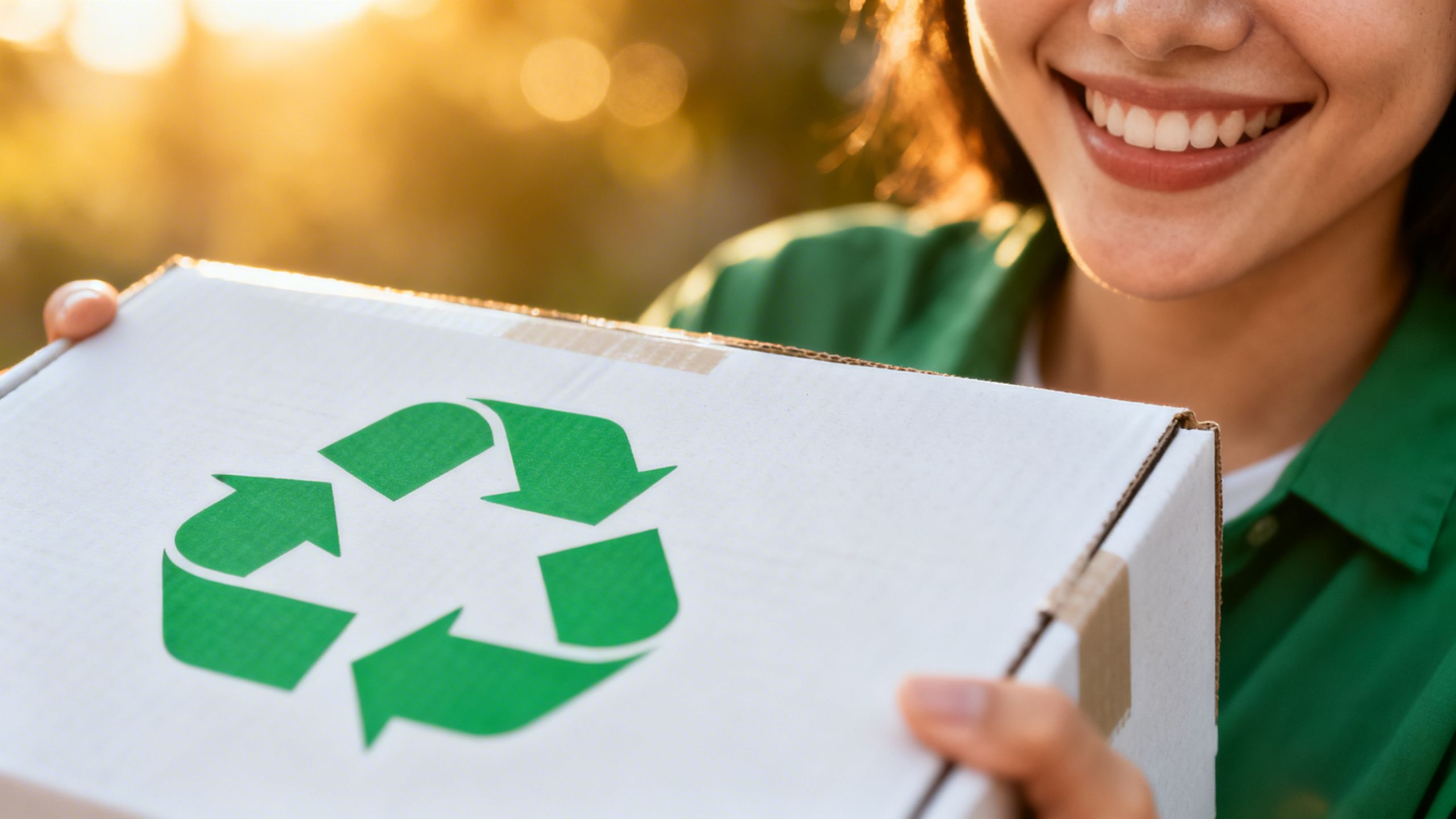 A customer happily receiving a package with a green recycling symbol on it, illustrating the positive brand impact of sustainable packaging for eCommerce.