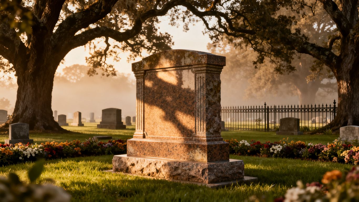 Granite memorial standing in a quiet, serene garden setting