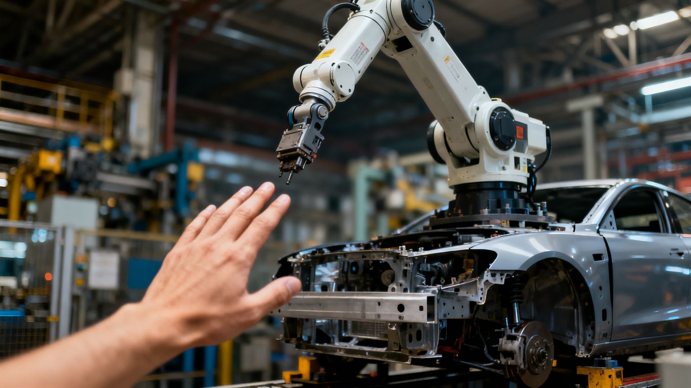 Human hand near a car factory robot arm.