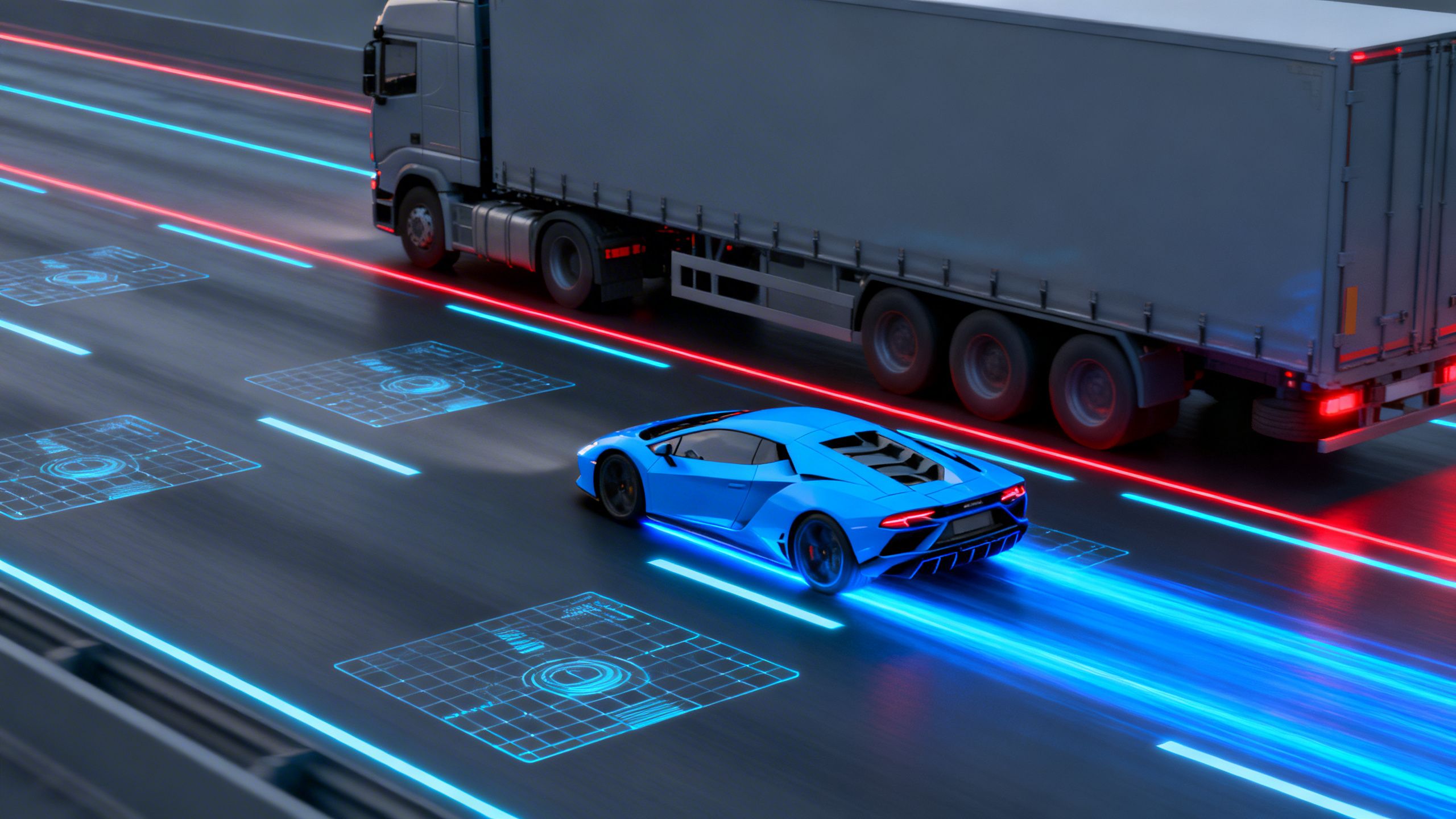 An abstract image of a sleek, small sports car speeding past a large, cumbersome truck on a digital highway, representing fast, efficient AI versus large, slow AI.