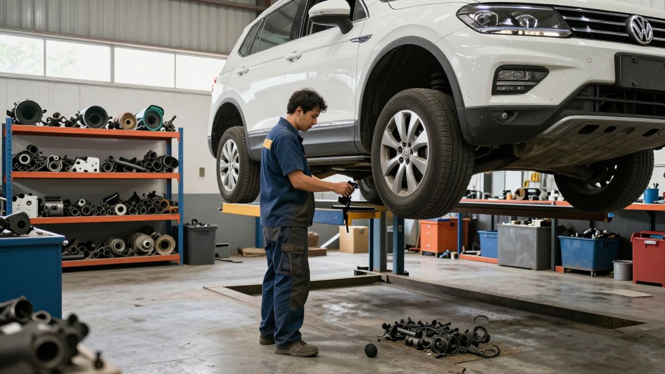 Volkswagen Tiguan being dismantled inside a clean workshop