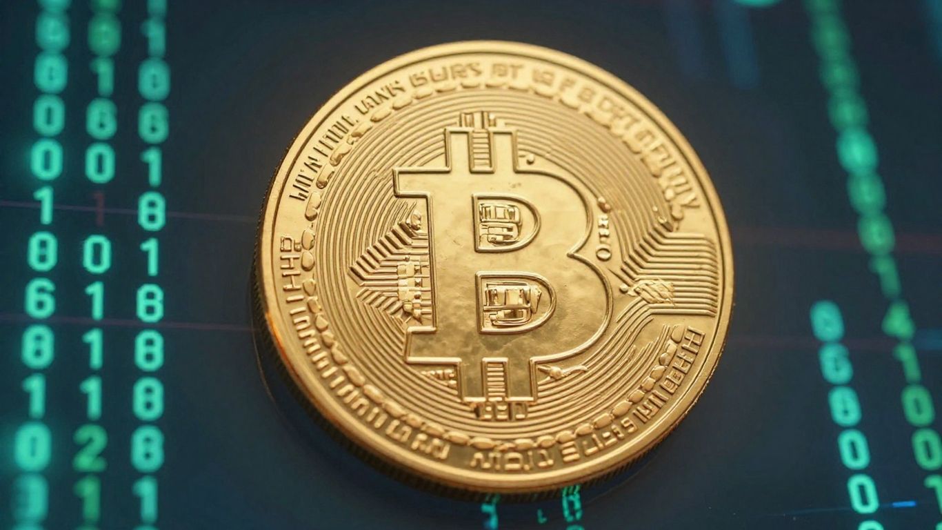 Golden Bitcoin coin with digital background.