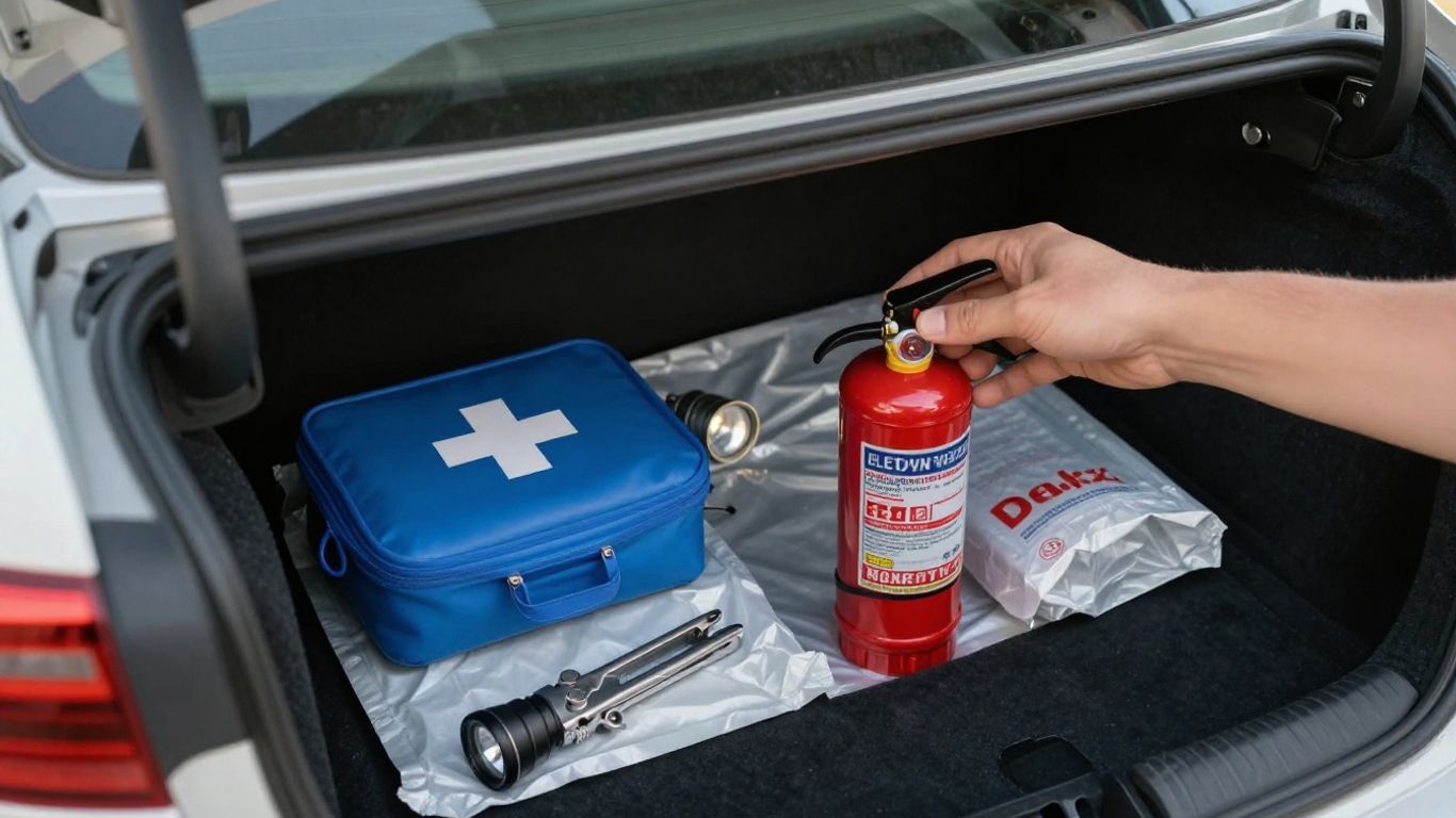 Car glove box with emergency supplies and fire extinguisher.