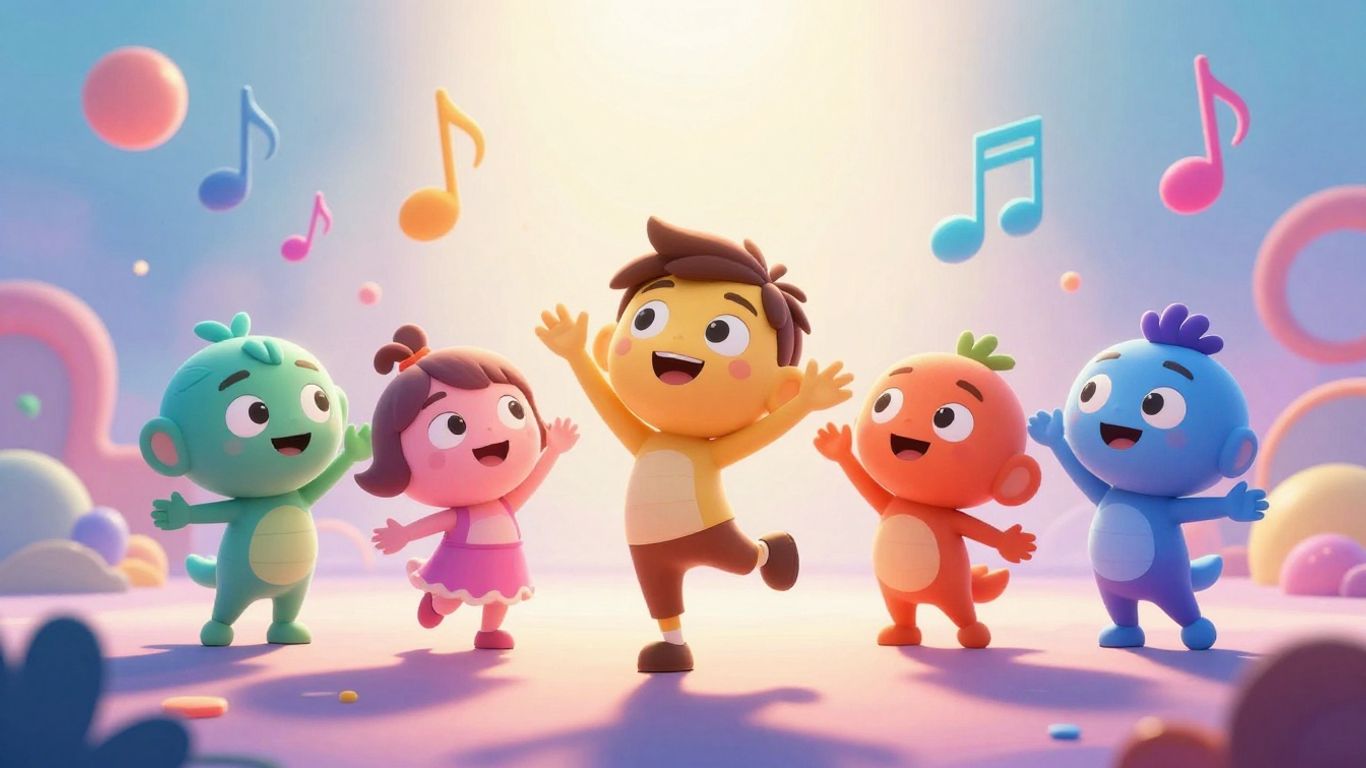 Animated characters dancing with musical notes.