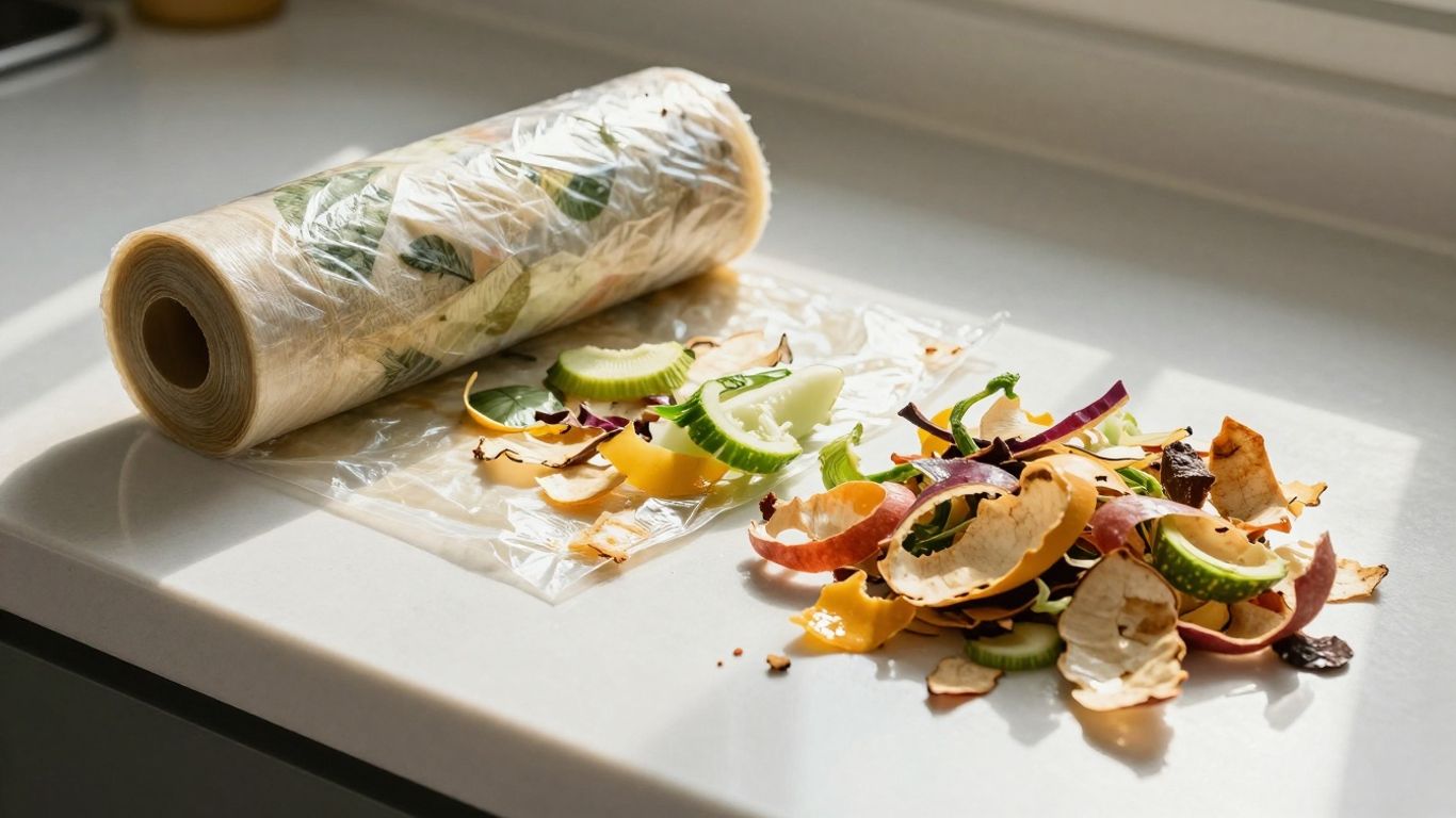 Compostable food waste bags and kitchen scraps on counter.