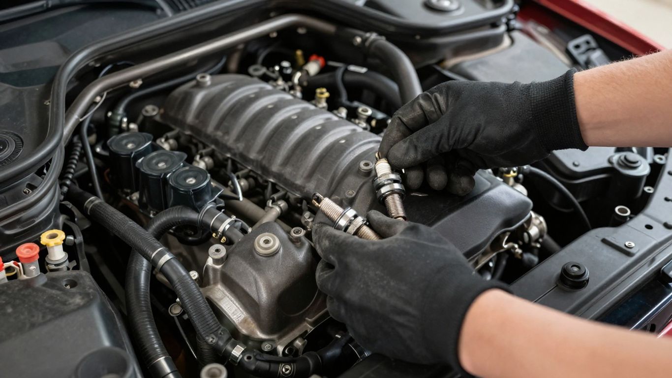 Technician inspecting Mercedes engine components