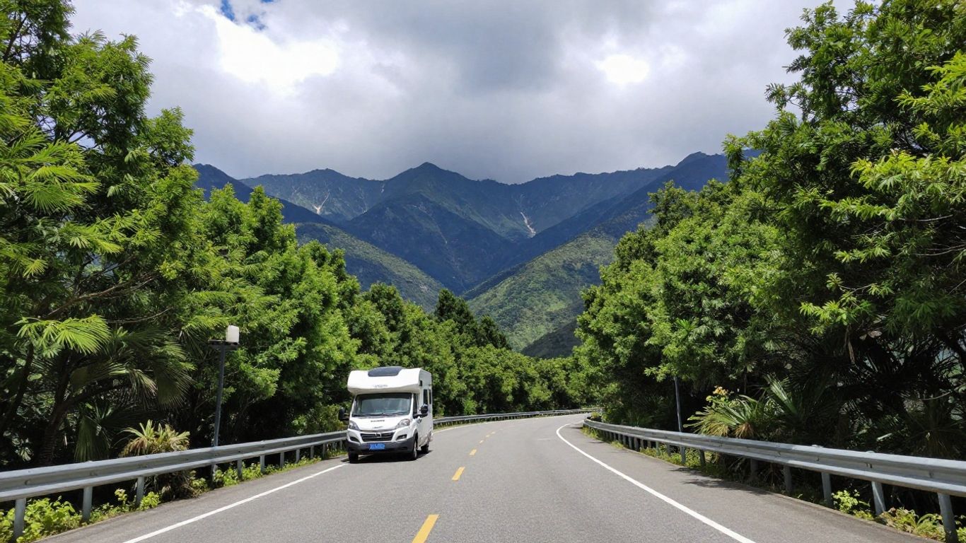 Motorhome on a scenic road with mountains.