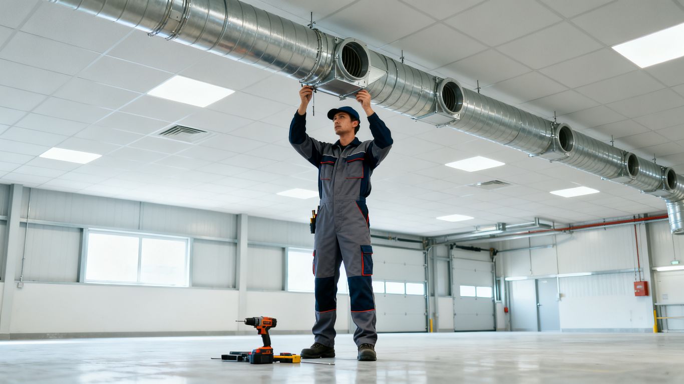 Professional installer checking equipment ductwork installation
