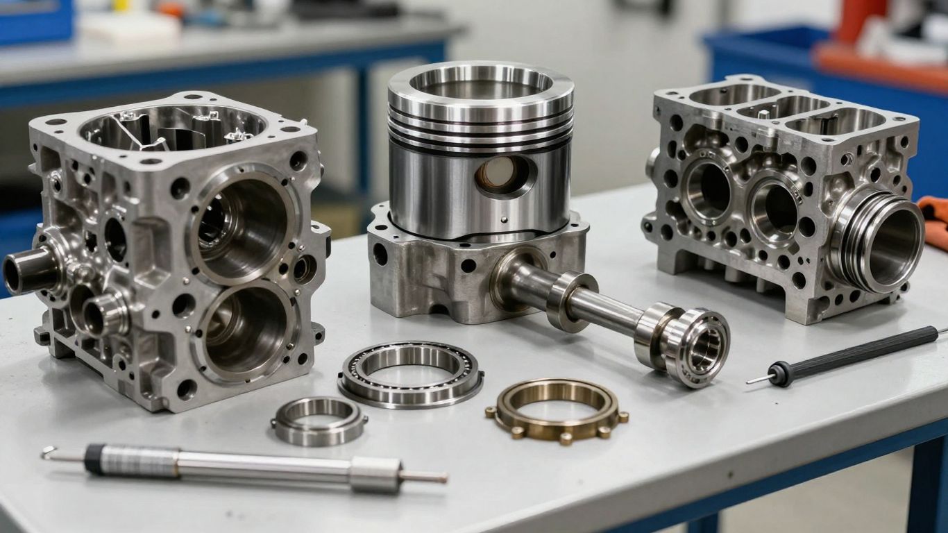 Reconditioned engine components arranged on workshop bench