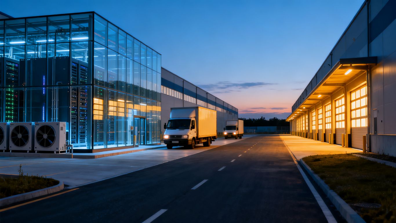 Modern logistics campus beside cloud computing infrastructure