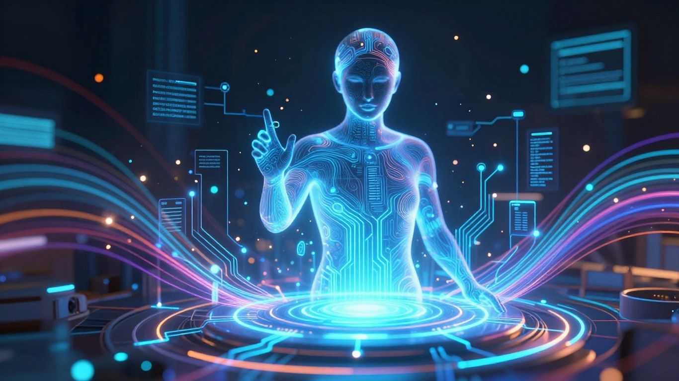 AI interface with glowing circuits and data streams.