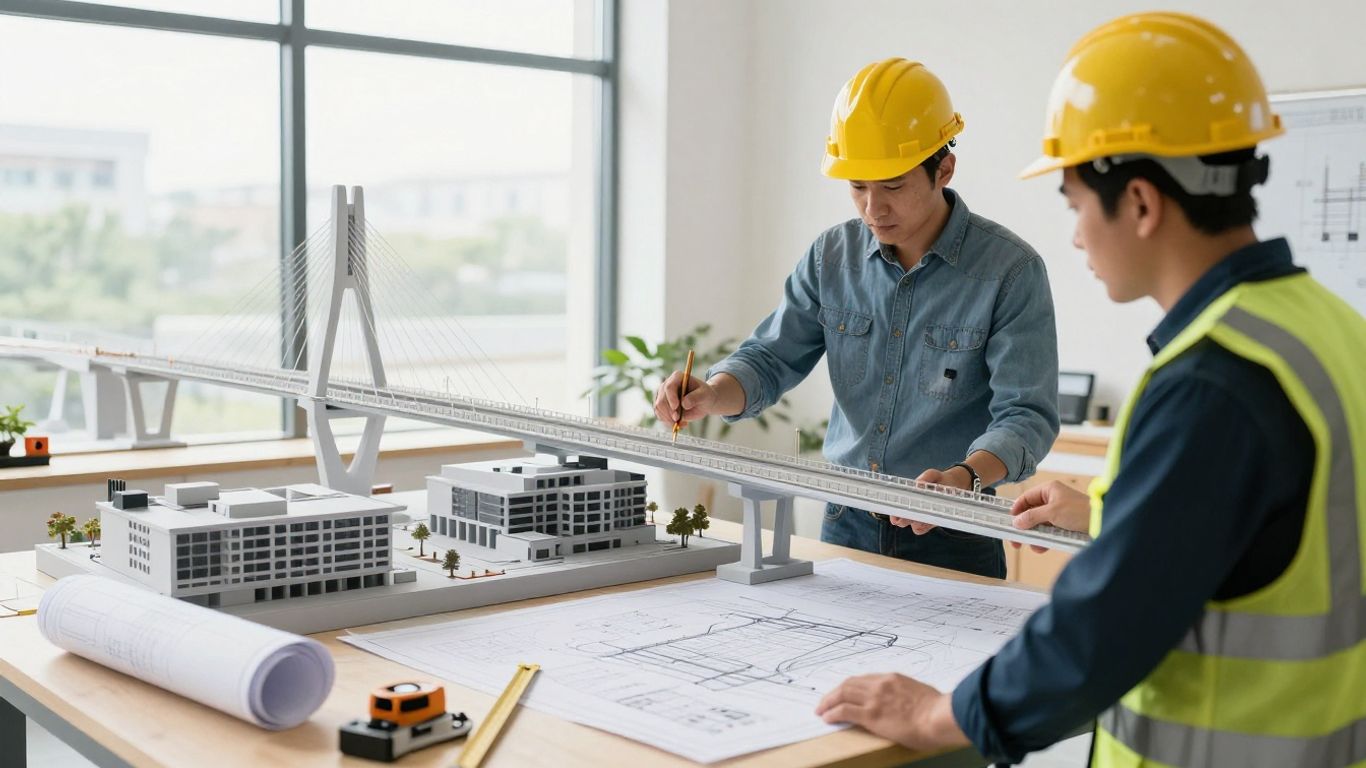 Engineers reviewing structural plans beside a building model