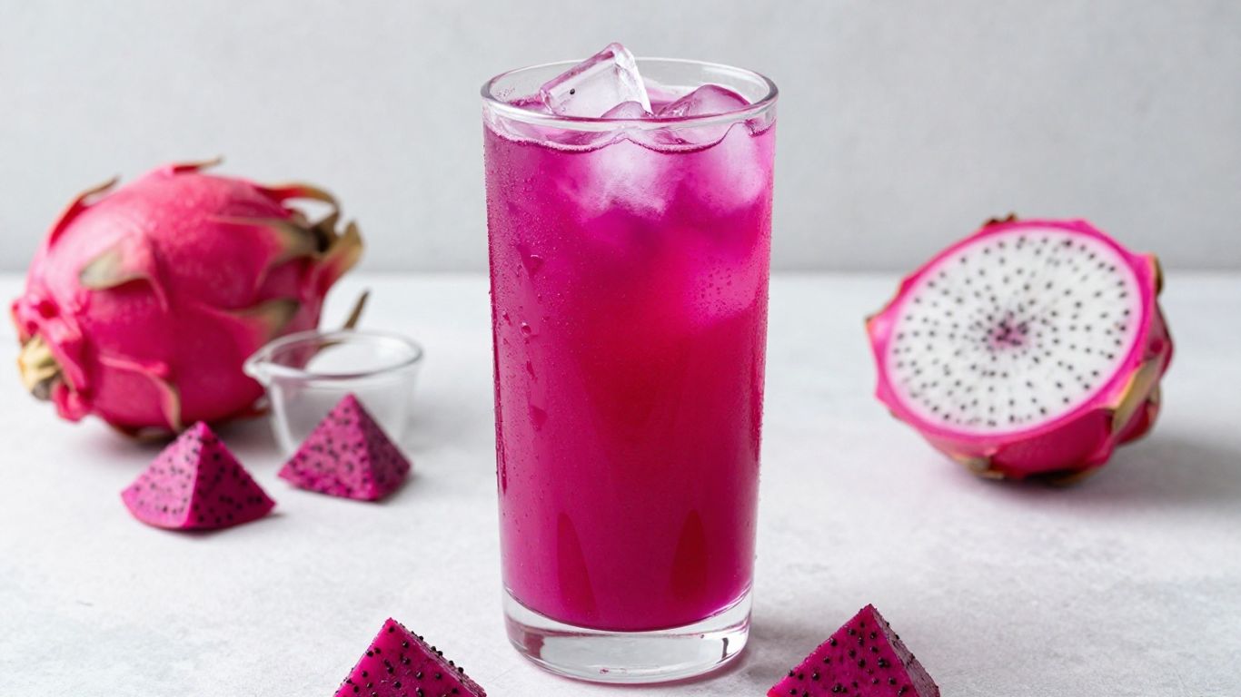 Glass of pink dragon fruit juice with fresh fruit.