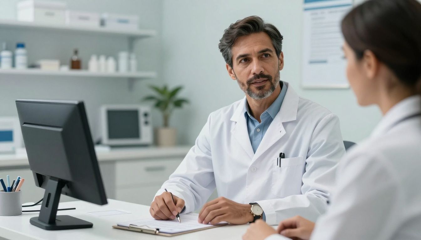 Realistic premium men’s health consultation in an upscale clinic, with a confident diverse man in his 40s speaking with a professional provider beside discreet lab results, natural lighting, polished clinical setting, no logos or text.