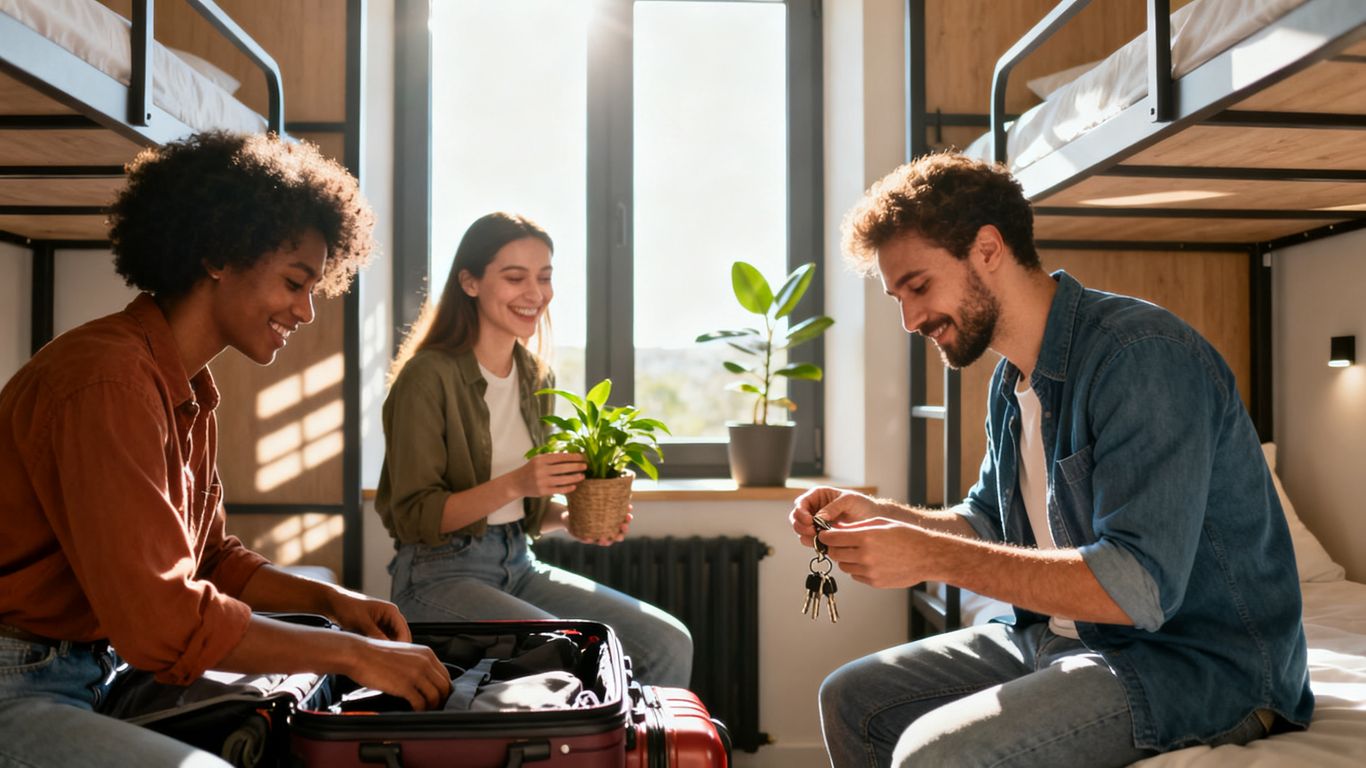 Hostel residents preparing for independent living with keys and luggage.