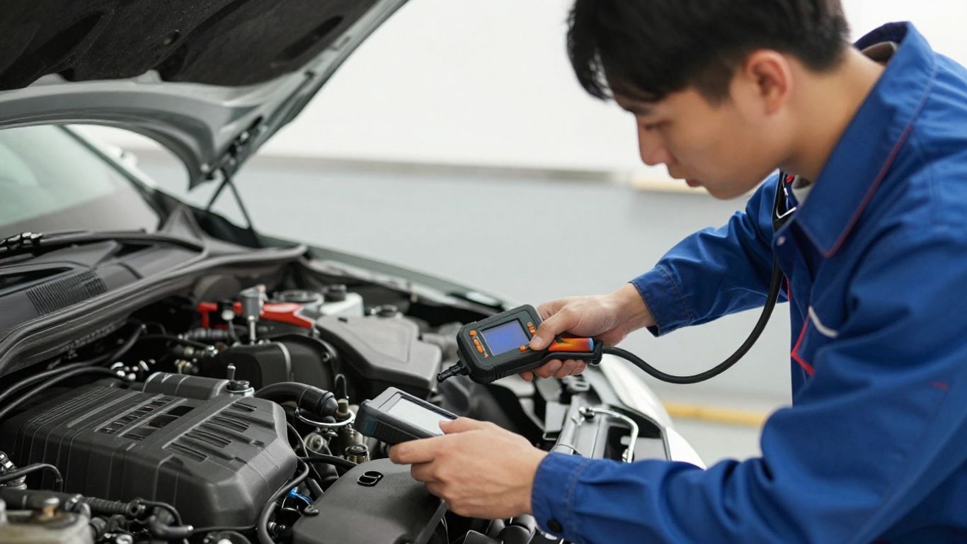 Technician reviewing engine diagnostic data