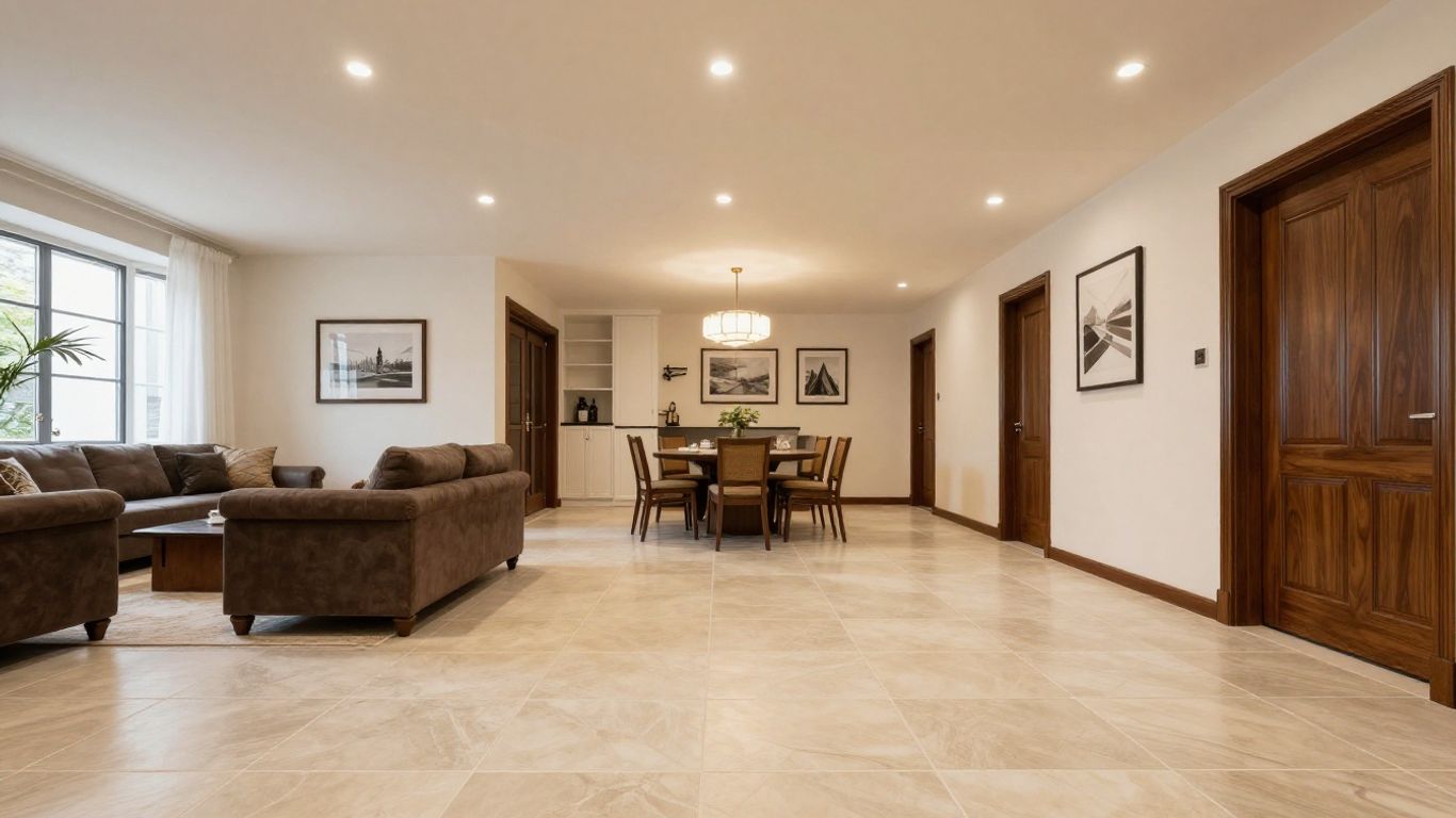 Elegant basement finishing with tile flooring.