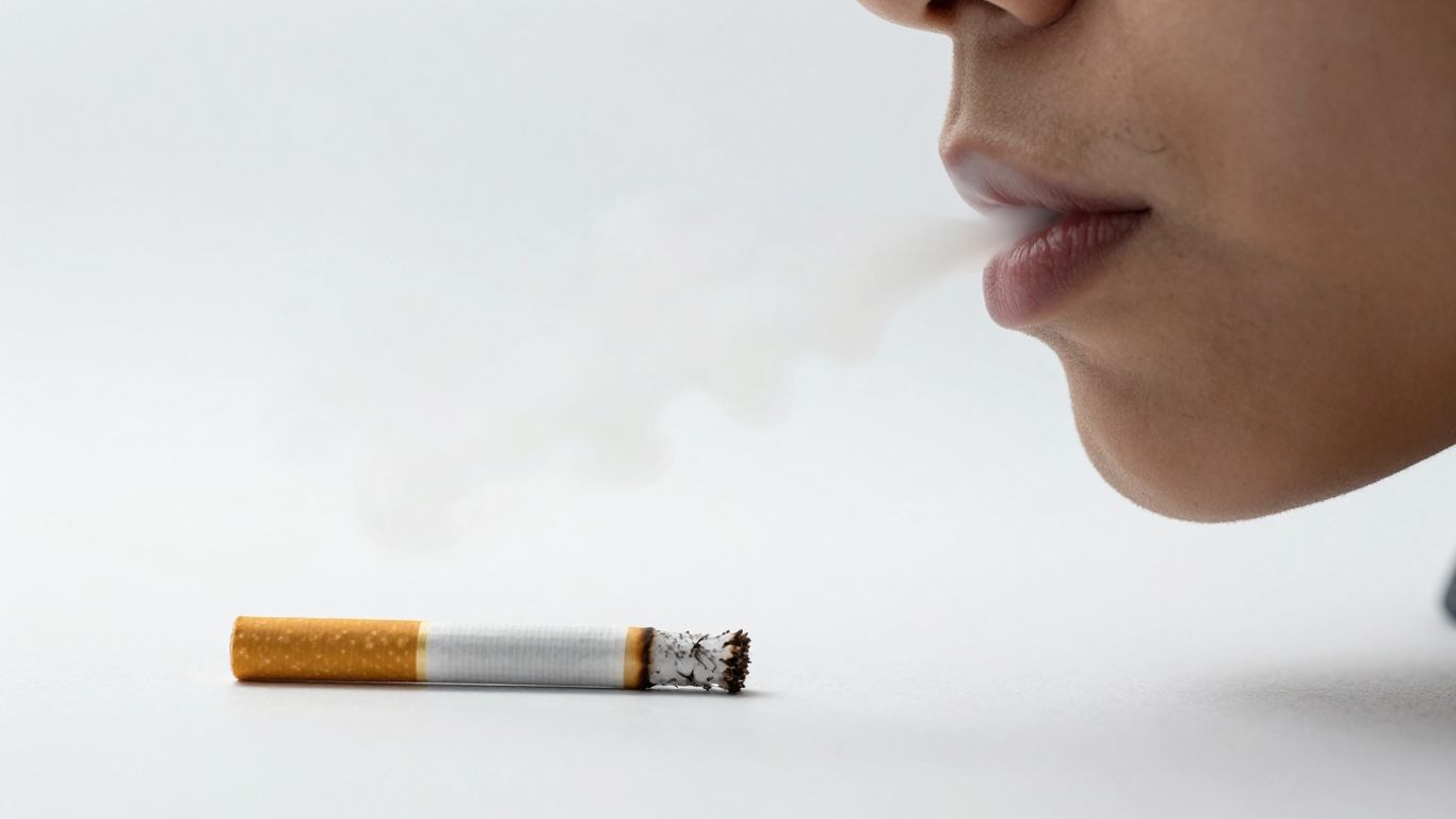 Person exhaling smoke that clears into a bright sky.