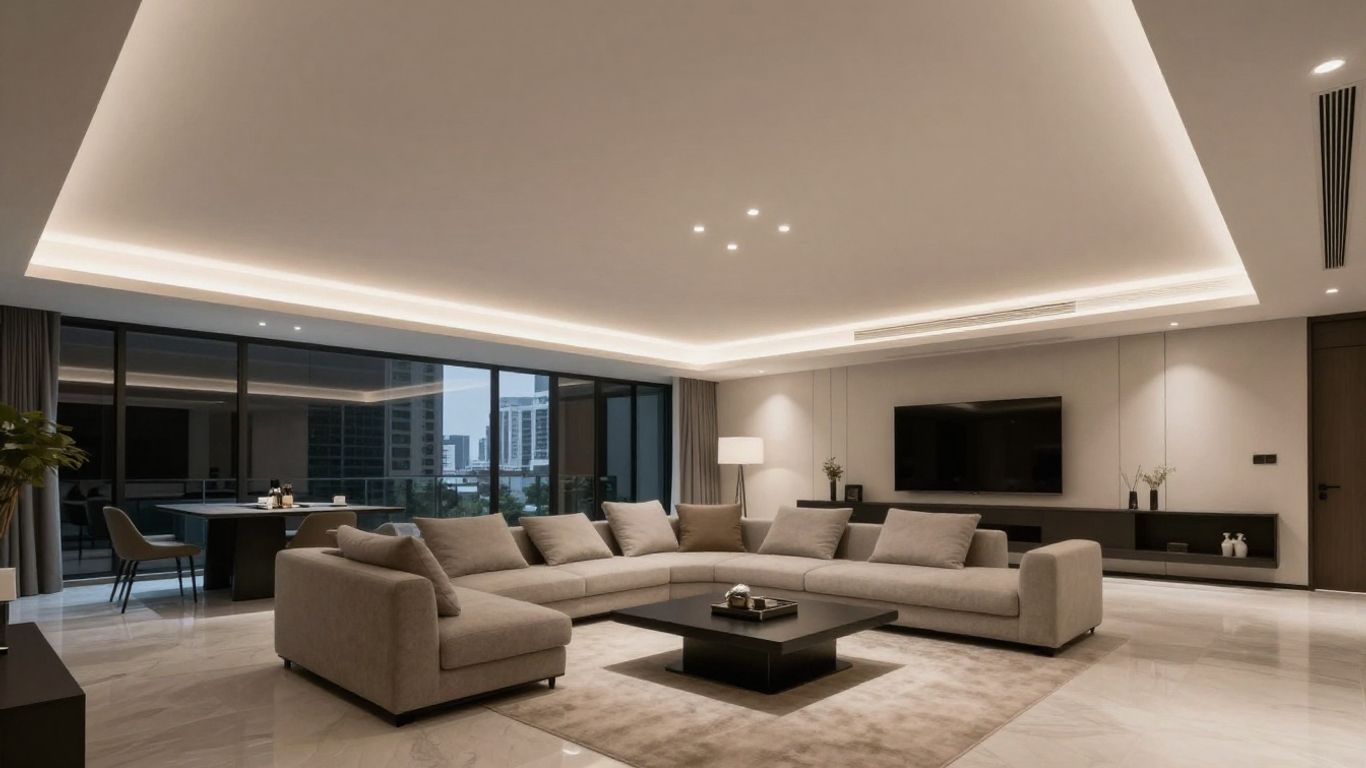 Modern condo living room with matted ceiling and recessed lighting.