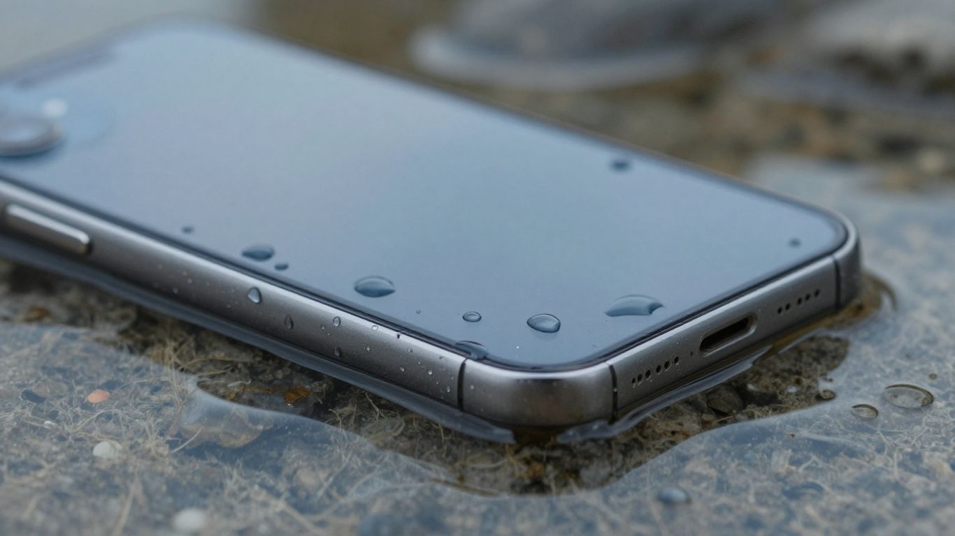 iPhone 13 wet with water droplets on screen.