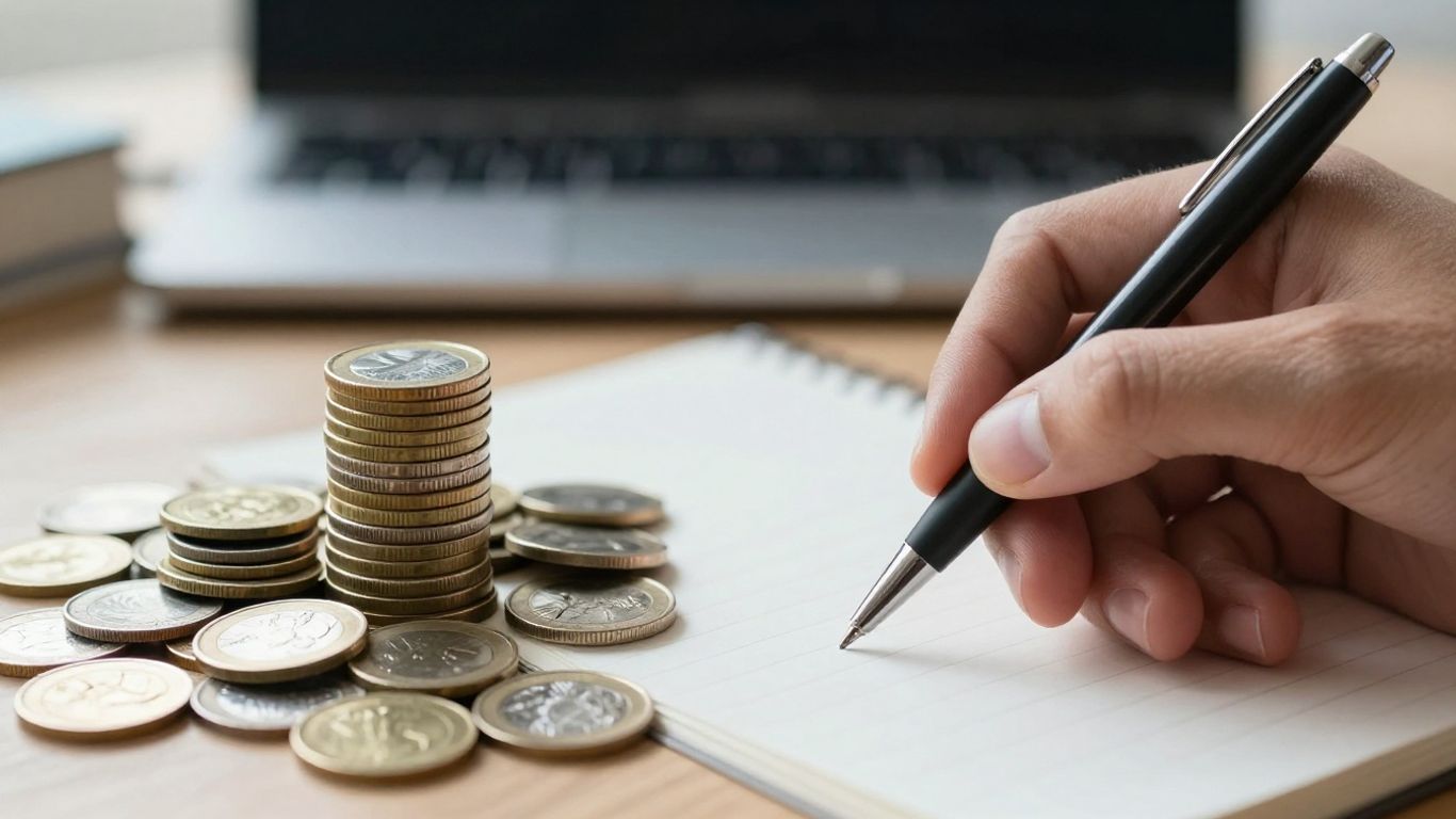 Monedas, billetes y mano con bolígrafo sobre libro de contabilidad.