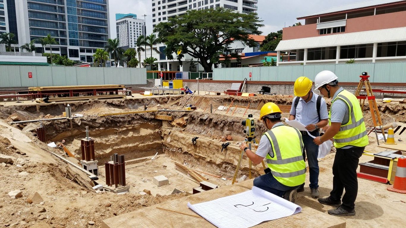 Engineers reviewing excavation plans beside site model