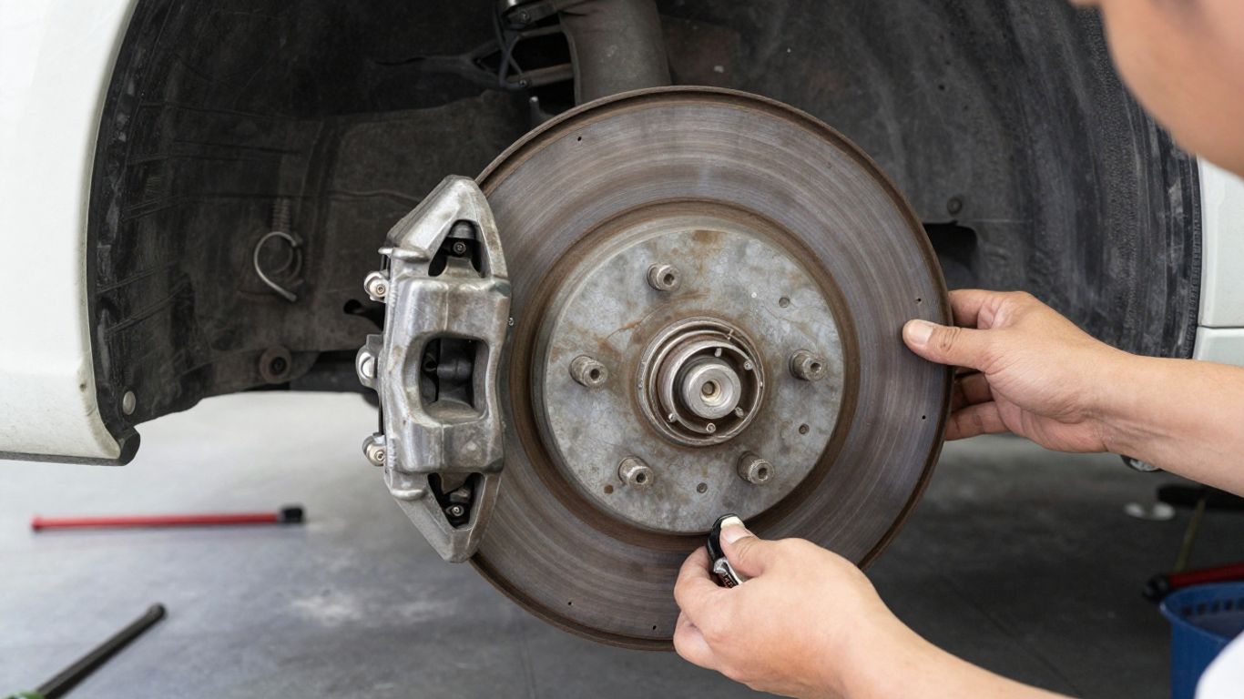 Mechanic inspecting worn car brake disc and caliper.