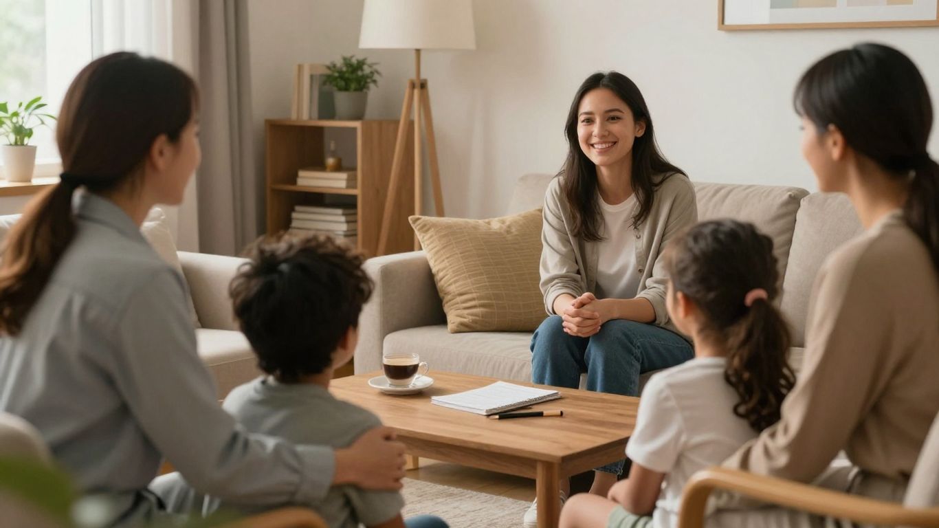 Family receiving mental health support in a comfortable setting.
