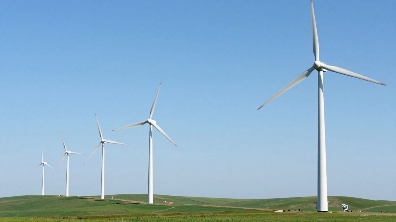 Éoliennes dans un paysage verdoyant sous un ciel bleu.