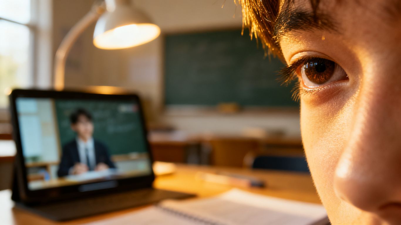 Eyes focused on a video lecture screen.