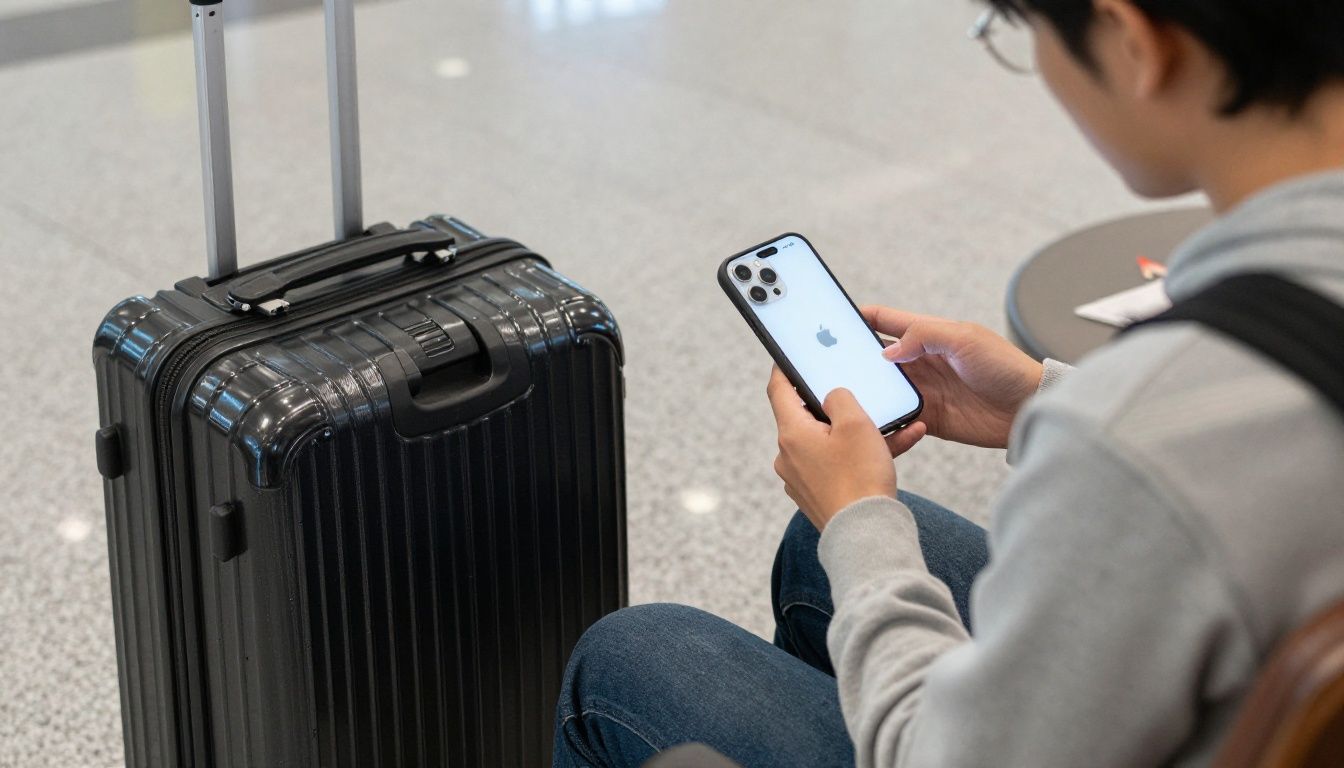 A person sitting at an airport cafe, with their packed carry-on luggage nearby, using an iPhone 16 in a slim, protective travel case.