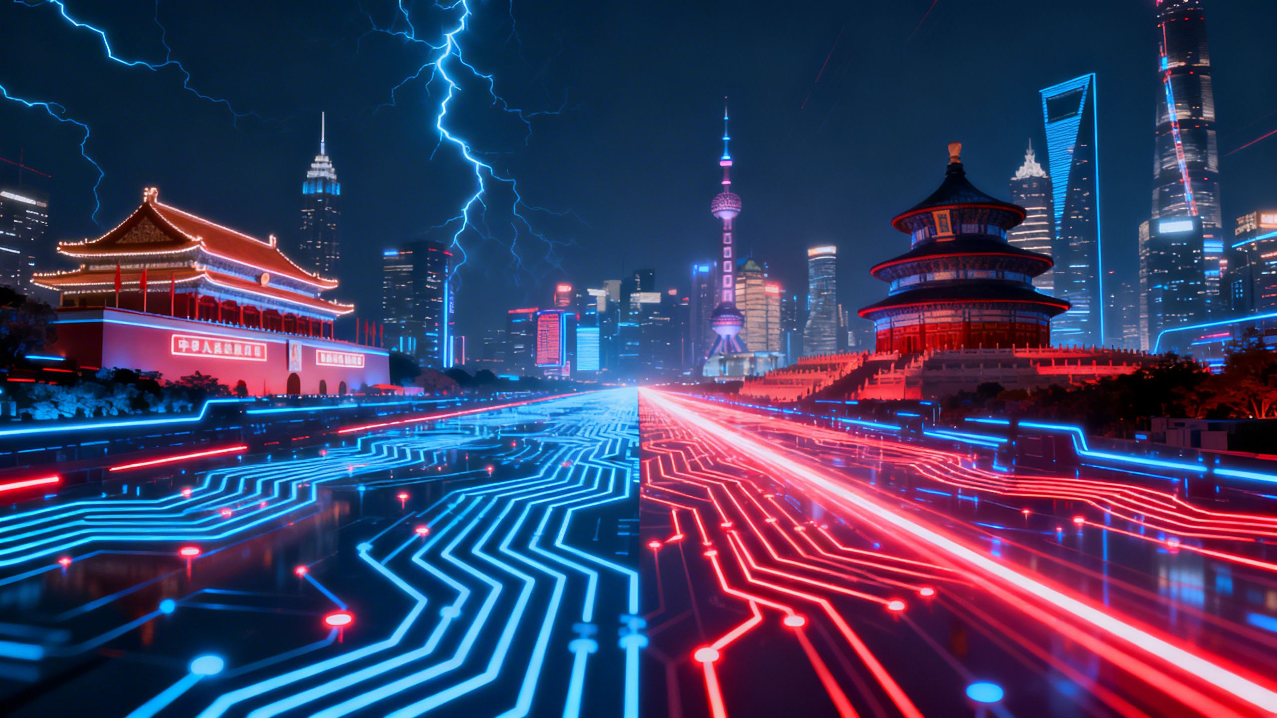 Chinese dragon and Western cityscape with AI circuits.