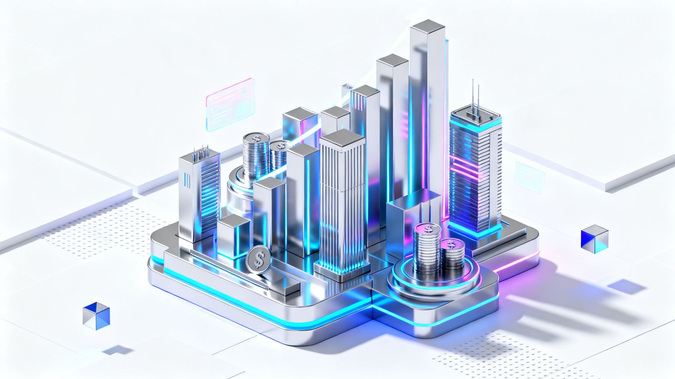 Modern tech cityscape with glowing digital elements.
