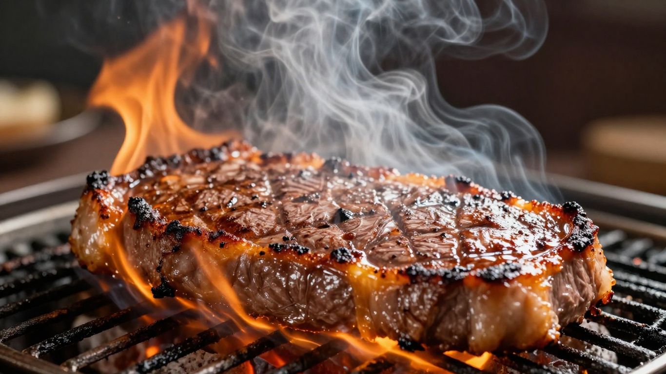 Gegrilltes Steak mit Flammen und aufsteigendem Dampf