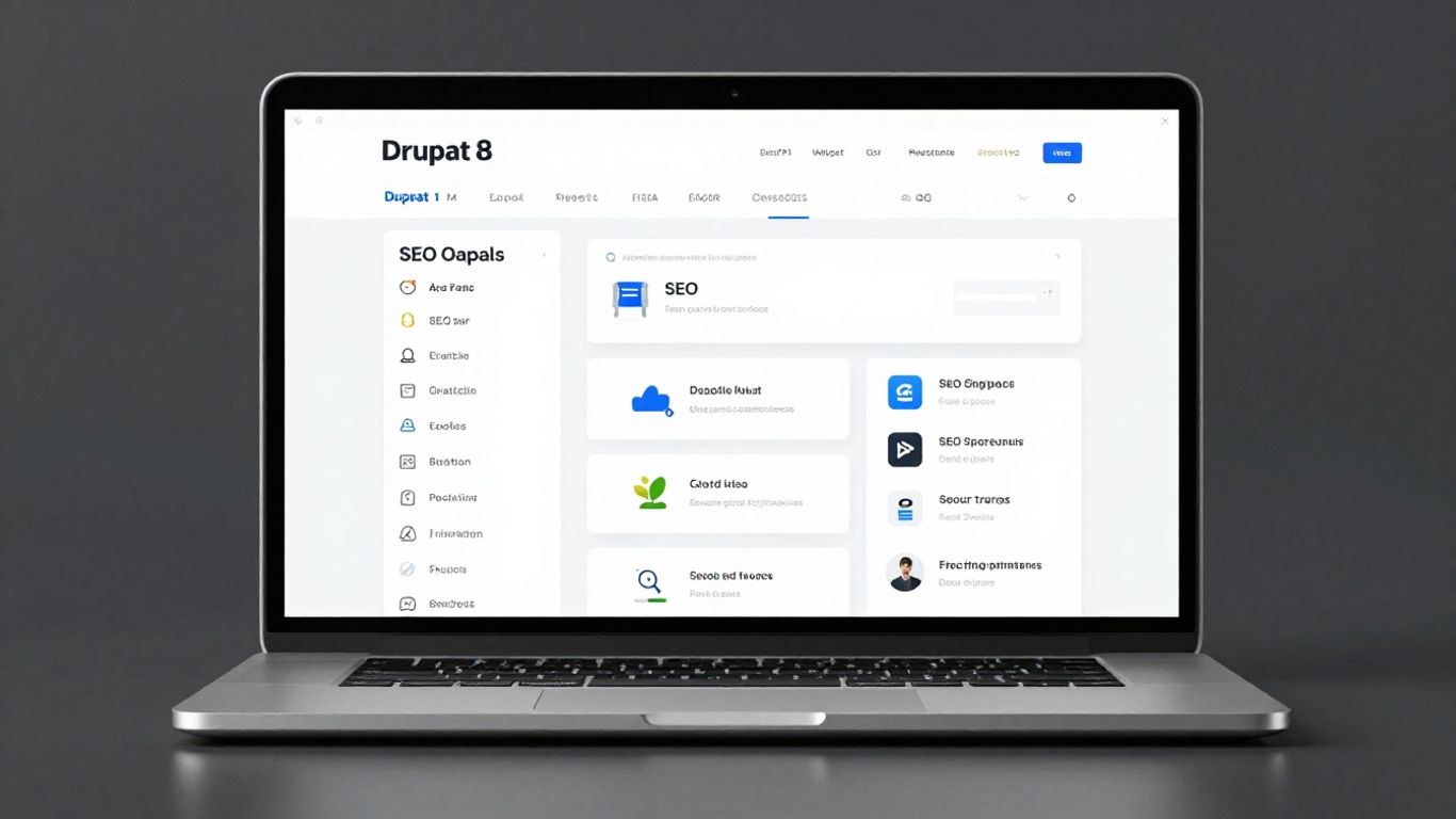 Drupal 8 SEO module dashboard on a laptop screen.