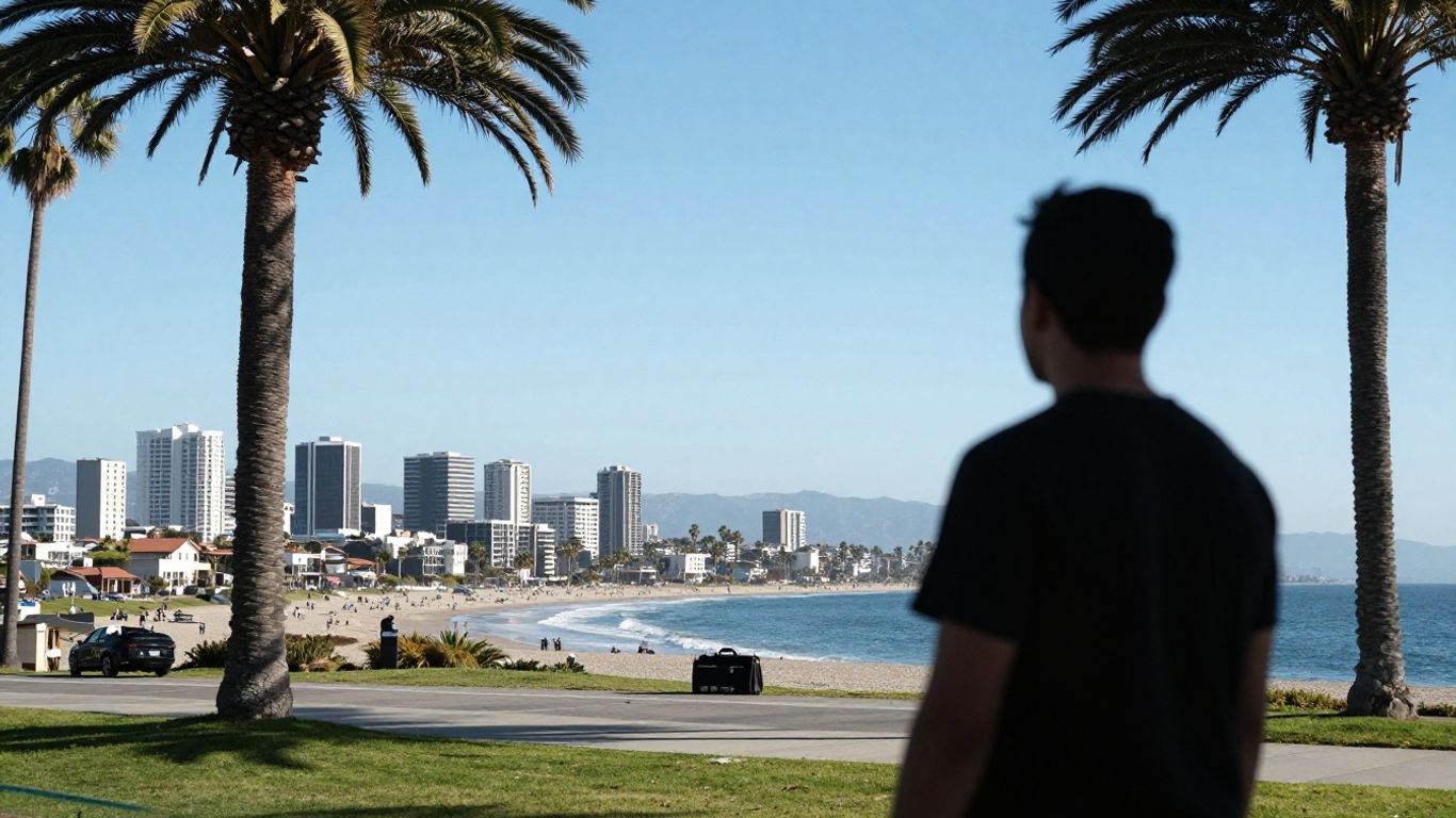 California coastline and cityscape with a person looking towards opportunity.