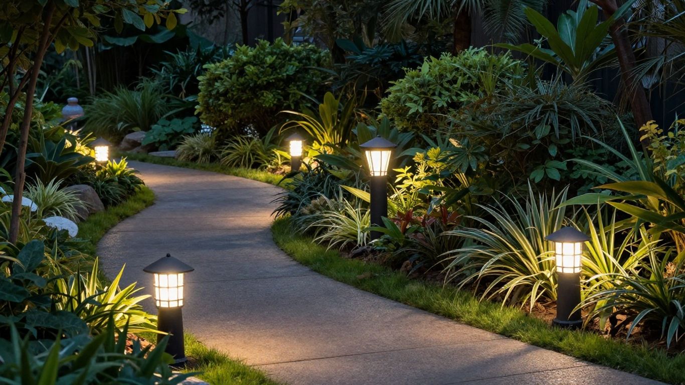 Various garden light posts in a lush outdoor setting.