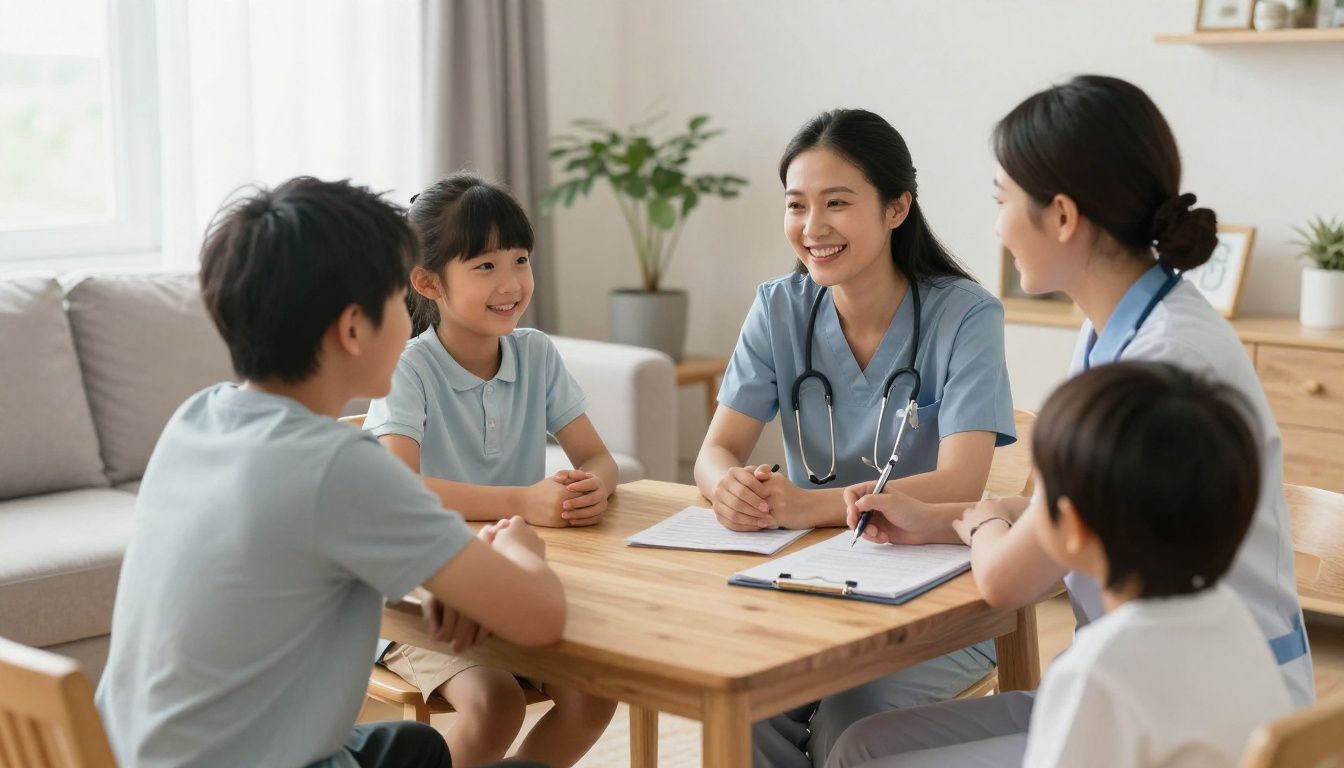 A warm and inviting scene in a bright living room where a family member and a professional nurse are smiling and discussing a care plan at a small wooden table, reflecting a sense of collaboration, comfort, and professional support.